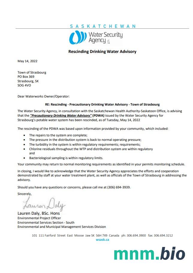 Canada Saskatchewan Strasbourg Water Security Agency woda  pożytek shut off notice